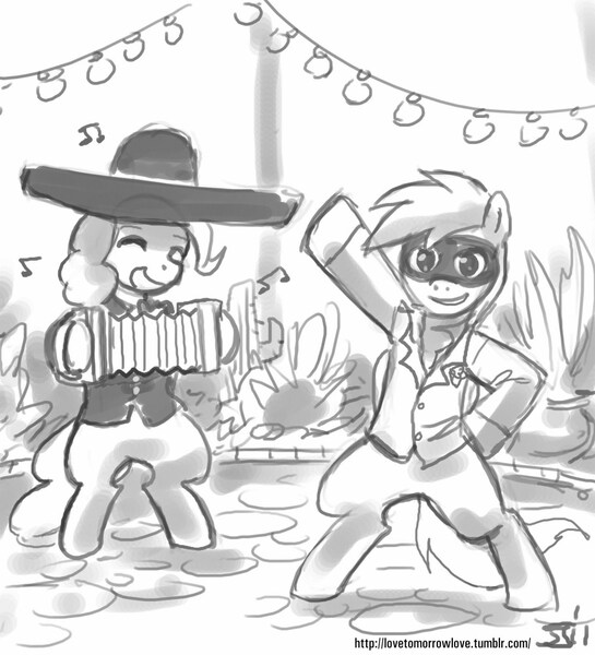 Size: 909x1000 | Tagged: accordion, accordion thief, artist:johnjoseco, costume, crossover, dancing, derpibooru import, disco bandit, grayscale, hat, kingdom of loathing, mask, monochrome, musical instrument, pinkie pie, rainbow dash, safe