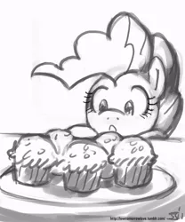 Size: 833x1000 | Tagged: artist:johnjoseco, cupcake, derpibooru import, grayscale, monochrome, pinkie pie, safe, solo