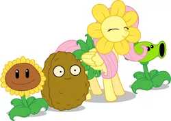 Size: 1280x907 | Tagged: artist needed, crossover, cute, derpibooru import, eyes closed, fluttershy, :i, peashooter, plants vs zombies, safe, shyabetes, smiling, source needed, sunflower, wall-nut