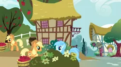 Size: 640x354 | Tagged: safe, derpibooru import, official, screencap, applejack, earth pony, pony, adventures in ponyville, apple, apple tree, bucket, clone, female, flower, flower in hair, food, glitch, house, mare, ponyville, smiling, tree