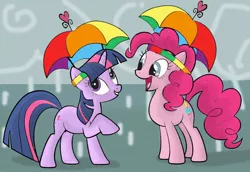 Size: 778x534 | Tagged: artist:mast88, derpibooru import, duo, hat, pinkie pie, safe, twilight sparkle, umbrella, umbrella hat