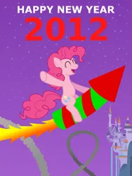 Size: 1275x1700 | Tagged: 2012, artist:evaxilth, canterlot, derpibooru import, fireworks, flying, happy new year, new year, night, pinkie pie, rocket, safe