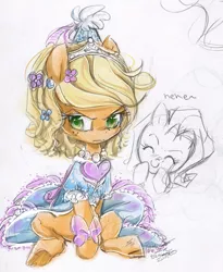 Size: 603x734 | Tagged: alternate hairstyle, and then there's rarity, applejack, applejack also dresses in style, artist:th351, blushing, clothes, derpibooru import, dress, dressup, froufrou glittery lacy outfit, hennin, makeover, rarity, safe