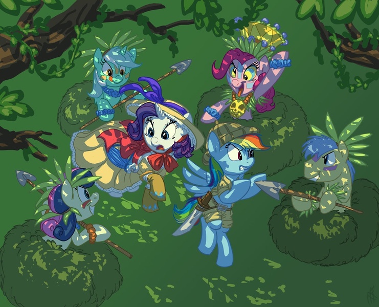 Size: 1111x900 | Tagged: artist:carnifex, artist:rustydooks, barbarian, bon bon, clothes, derpibooru import, dress, goldengrape, hat, headhunters, jungle, knife, lyra heartstrings, natives, pinkie pie, rainbow dash, rarity, safe, sir colton vines iii, spear, sweetie drops, weapon