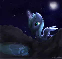 Size: 1627x1546 | Tagged: artist:brony2you, artist:redbox, derpibooru import, duality, duo, magic, moon, night, nightmare moon, princess luna, reflection, s1 luna, safe, stars, water