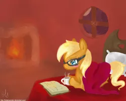 Size: 1280x1024 | Tagged: apple cobbler, apple family member, artist:flutterwonder, bed, book, derpibooru import, glasses, hot chocolate, reading, safe, solo