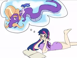 Size: 599x451 | Tagged: artist:littlepirate, crossover, derpibooru import, glasses, humanized, imagination, prone, riding, safe, sea serpent, simple background, steven magnet, the neverending story, thought bubble, twilight sparkle, white background