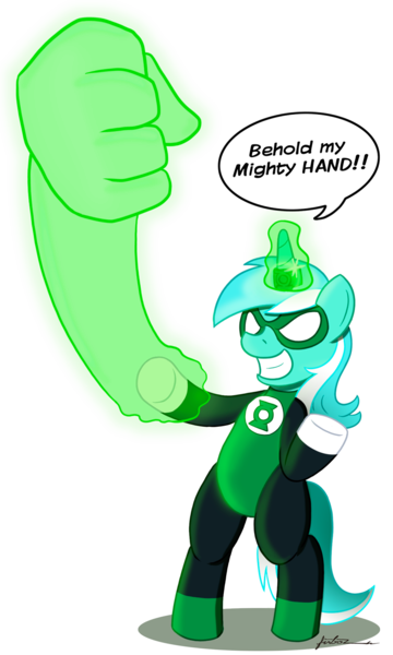 Size: 900x1500 | Tagged: safe, artist:furboz, derpibooru import, lyra heartstrings, pony, bipedal, clothes, costume, crossover, green lantern, green lantern corps, hand, horn ring, magic, solo