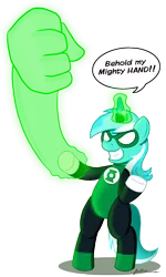 Size: 900x1500 | Tagged: safe, artist:furboz, derpibooru import, lyra heartstrings, pony, bipedal, clothes, costume, crossover, green lantern, green lantern corps, hand, horn ring, magic, solo