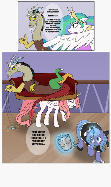 Size: 968x1625 | Tagged: artist:the-orator, clothes, derpibooru import, discord, discord being discord, maid, princess celestia, princess luna, safe