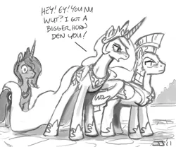 Size: 1000x833 | Tagged: artist:johnjoseco, derpibooru import, drunk, drunklestia, embarrassed, grayscale, horn size, insult, lower horn, monochrome, princess celestia, princess luna, royal guard, suggestive, talking