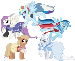 Size: 1280x1044 | Tagged: artist:kumkrum, clothes, derpibooru import, dress, oc, oc:applesauce, oc:feathers, oc:ragtag, oc:shooting star, oc:snowflake flair, offspring, parent:rainbow dash, parent:soarin', parents:soarindash, safe, simple background, transparent background, unofficial characters only