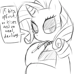 Size: 949x945 | Tagged: suggestive, artist:sweethd, derpibooru import, rarity, pony, cigarette, cigarette holder, female, implied sex, mare, monochrome, prostitution, solo