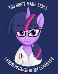 Size: 1125x1425 | Tagged: artist:onipolice, clothes, coat, derpibooru import, female, glasses, looking at you, pencil, safe, solo, text, twilight sparkle