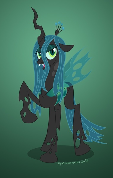 Size: 827x1299 | Tagged: safe, artist:gonzahermeg, derpibooru import, queen chrysalis, changeling, changeling queen, fangs, female, floppy ears, frown, gradient background, image, jpeg, lidded eyes, open mouth, raised hoof, shadow, signature, slit eyes, solo, standing