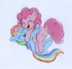 Size: 500x484 | Tagged: safe, artist:missmagikarp, derpibooru import, pinkie pie, rainbow dash, pony, cuddling, cute, eyes closed, female, happy, hug, lesbian, on back, open mouth, pinkiedash, shipping, simple background, smiling, snuggling, white background