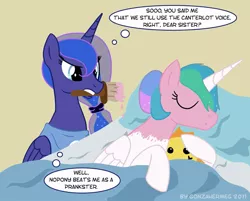 Size: 797x640 | Tagged: angry, artist:gonzahermeg, bed, blanket, clothes, derpibooru import, doll, mouth hold, paint, painting characters, paint on fur, pillow, pinklestia, prank, princess celestia, princess luna, safe, shirt, sleeping, sun, this will end in tears and/or a journey to the moon, unamused