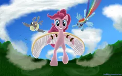 Size: 2000x1250 | Tagged: safe, artist:deathpwny, derpibooru import, derpy hooves, pinkie pie, rainbow dash, earth pony, pegasus, pony, bipedal, female, flying, mare, trio, wings