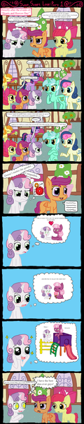 Size: 1024x5100 | Tagged: safe, artist:ficficponyfic, derpibooru import, apple bloom, bon bon, carrot top, cheerilee, golden harvest, lyra heartstrings, scootaloo, sweetie belle, sweetie drops, twilight sparkle, cheeribelle, comic, cutie mark crusaders, female, lesbian, lyrabon, shipping