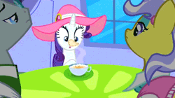 Size: 550x309 | Tagged: animated, cafe, coffee, coffee cup, cup, derpibooru import, hat, jet set, rarity, safe, screencap, sweet and elite, upper crust