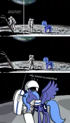 Size: 827x1459 | Tagged: apollo, artist:jhonnyrebel, astronaut, cute, derpibooru import, edit, eyes closed, happy, hug, human, luna and the nauts, moon, moon landing, neil armstrong, princess luna, s1 luna, safe, smiling, spread wings, standing