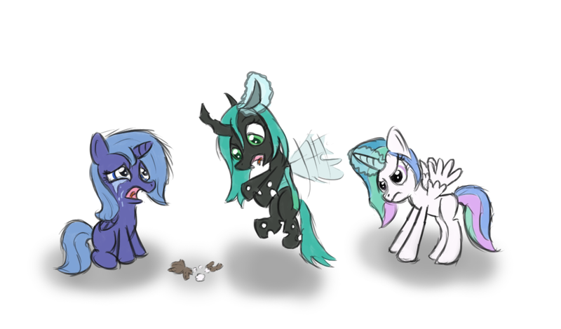 Size: 1229x721 | Tagged: safe, artist:ninjapony, derpibooru import, princess celestia, princess luna, queen chrysalis, changeling, changeling queen, nymph, pony, broken, cewestia, crying, cute, cutealis, cutelestia, doll, female, filly, flying, frown, glare, glowing horn, horn, image, levitation, lunabetes, magic, mare, open mouth, png, shadow, simple background, spread wings, telekinesis, white background, woona, younger