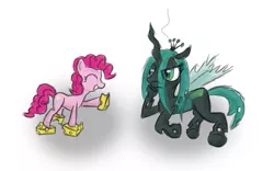 Size: 1191x744 | Tagged: safe, artist:ninjapony, derpibooru import, pinkie pie, queen chrysalis, changeling, changeling queen, pony, cheese, cheeselegs, duo, duo female, eyes closed, female, food, frown, hoof on chin, image, mare, png, shadow, simple background, smiling, unamused, white background