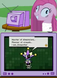 Size: 561x764 | Tagged: derp, derpibooru import, dialogue, dimentio, exploitable meme, insanity, mario, meme, nintendo, paper mario, pinkamena diane pie, pinkie pie, safe, speech bubble, super mario bros., super paper mario, television, tv meme