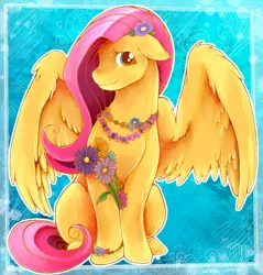 Size: 800x837 | Tagged: safe, artist:catussnake, derpibooru import, fluttershy, pegasus, pony, bracelet, female, flower, flower in hair, flower necklace, jewelry, looking at you, mare, sitting, smiling, solo