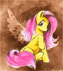 Size: 800x909 | Tagged: safe, artist:catussnake, derpibooru import, fluttershy, pony, female, mare, sitting, solo, wingless