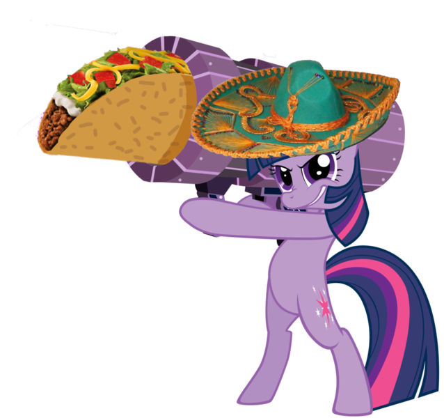 Size: 922x867 | Tagged: safe, derpibooru import, twilight sparkle, unicorn, bipedal, cannon, cannon ponies, hat, mexican, rocket launcher, solo, sombrero, taco, taco twilight, unicorn twilight