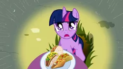 Size: 1280x720 | Tagged: derpibooru import, edit, edited screencap, ponies eating meat, safe, screencap, taco, taco twilight, the ticket master, twilight sparkle