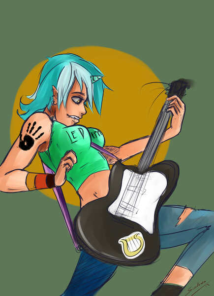 Size: 1450x2000 | Tagged: artist:sundown, breasts, busty lyra heartstrings, derpibooru import, electric guitar, elf ears, fanfic, fanfic:anthropology, fanfic art, female, guitar, handprint, horn, horned humanization, human, humanized, led zeppelin, lyra heartstrings, lyre, safe, solo, tattoo