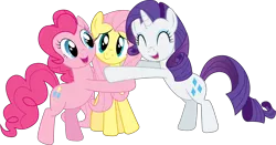 Size: 5000x2627 | Tagged: safe, artist:joey, derpibooru import, fluttershy, pinkie pie, rarity, pony, bipedal, eyes closed, hug, open mouth, simple background, smiling, transparent background, vector