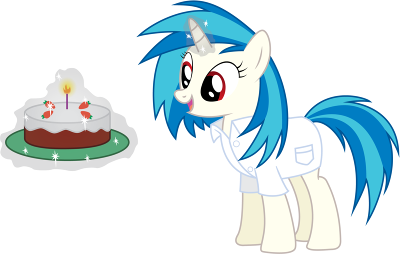 Size: 4500x2855 | Tagged: safe, artist:joey, derpibooru import, vinyl scratch, pony, unicorn, berry, cake, candle, clothes, female, food, glowing horn, hooves, horn, levitation, magic, mare, open mouth, simple background, solo, strawberry, telekinesis, transparent background, vector