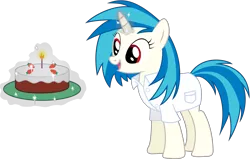 Size: 4500x2855 | Tagged: safe, artist:joey, derpibooru import, vinyl scratch, pony, unicorn, berry, cake, candle, clothes, female, food, glowing horn, hooves, horn, levitation, magic, mare, open mouth, simple background, solo, strawberry, telekinesis, transparent background, vector