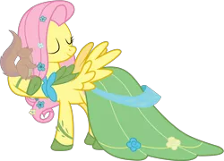 Size: 5000x3601 | Tagged: safe, artist:joey, derpibooru import, fluttershy, pegasus, pony, squirrel, the best night ever, clothes, dress, eyes closed, female, gala dress, mare, simple background, solo, transparent background, vector