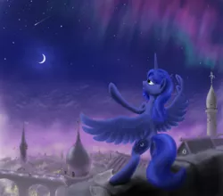 Size: 1758x1548 | Tagged: safe, artist:grayma1k, derpibooru import, princess luna, pony, bipedal, canterlot, moon, night, solo, stars