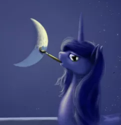 Size: 900x935 | Tagged: safe, artist:grayma1k, derpibooru import, princess luna, alicorn, pony, crescent moon, moon, mouth hold, paintbrush, painting, s1 luna, solo