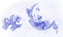 Size: 1500x876 | Tagged: safe, artist:grayma1k, derpibooru import, derpy hooves, princess luna, alicorn, pegasus, pony, bird house, crescent moon, female, flying, kettle, letter, mare, monochrome, moon, mouth hold, mug, s1 luna, tangible heavenly object, transparent moon