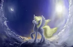 Size: 1526x1000 | Tagged: safe, artist:grayma1k, derpibooru import, derpy hooves, pegasus, pony, female, mare, moon, night, solo, stars