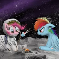 Size: 900x900 | Tagged: dead source, safe, artist:peasantb, deleted from derpibooru, derpibooru import, pinkie pie, rainbow dash, earth pony, pegasus, pony, astronaut, cupcake, moon, roasting, spacesuit