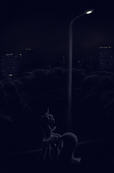 Size: 659x1000 | Tagged: safe, artist:grayma1k, derpibooru import, princess luna, alicorn, pony, city, cityscape, dark, lamppost, s1 luna, solo