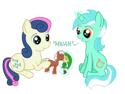 Size: 4000x3000 | Tagged: artist needed, source needed, safe, artist:e z, derpibooru import, bon bon, lyra heartstrings, sweetie drops, ponified, earth pony, pony, unicorn, bon bon the shipper, crossover, epona, female, filly, humie, kissing, link, lyra the shipper, mare, now kiss, puppet shipping, shipper on deck, simple background, the legend of zelda, transparent background
