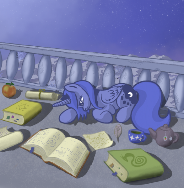 Size: 1000x1024 | Tagged: safe, artist:grayma1k, derpibooru import, princess luna, alicorn, pony, apple, balcony, book, cup, night, quill, s1 luna, scroll, solo, tea, teapot