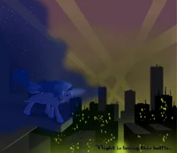 Size: 1024x884 | Tagged: safe, artist:grayma1k, derpibooru import, princess luna, alicorn, pony, city, cityscape, light pollution, night, solo