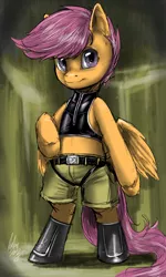 Size: 720x1200 | Tagged: safe, artist:aphexangel, derpibooru import, scootaloo, pony, bipedal, boots, clothes, costume, crossover, solo, vest