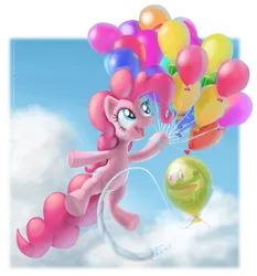 Size: 2242x2408 | Tagged: artist:tavogdl, balloon, cloud, cloudy, derpibooru import, duo, flying, gummy, high res, pet, pinkie pie, safe, sky, then watch her balloons lift her up to the sky