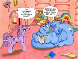 Size: 1302x986 | Tagged: artist:bonusart, derpibooru import, double chin, fat, golden oaks library, impossibly large butt, library, morbidly obese, obese, rainblob dash, rainbow dash, safe, twilight sparkle, weight gain