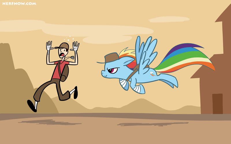 Size: 1680x1050 | Tagged: artist:jopereira, crossover, derpibooru import, human, nerf now, rainbow dash, safe, scout, team fortress 2